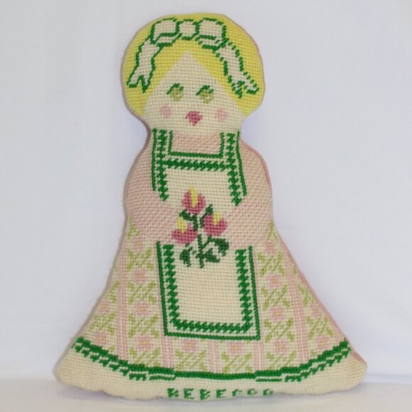 Vintage needlepoint Blonde Doll Floral Figure Pillow Grandma core Rebecca - Picture 1 of 8